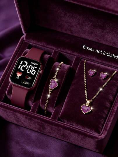 休闲时尚的玫红色方形硅胶表带手表，优质塑料表壳，LED数字手表，搭配心形手链项链耳环套装，是送给孩子的最佳生日礼物，适合日常佩戴。