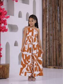 Long Printed Jumpsuit For Girls And Teenagers. - Camel - View 6