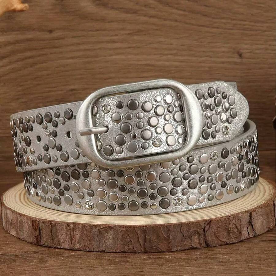 1 chiếc thắt lưng TPE phong cách punk đường phố, đính đinh tán kim loại và đá lấp lánh, phù hợp với quần jeans. - Nhiều màu - Xem 1