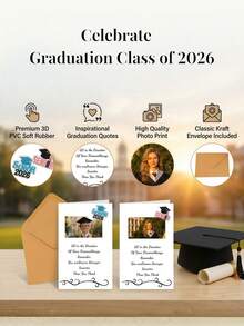 1 Set Customized Graduation Season Greeting Card, Personalized Commemorative Card With Photo And Text, 2026 Graduation Season Blue And Pink Stickers, Graduation Card, Customizable Graduation Motto. Text Content, Graduation Party Invitation Card Set, Envelopes Included. - Multicolor - View 3