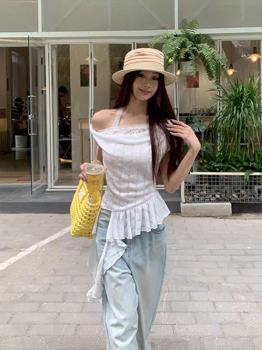 2026新款夏季女士独特白色蕾丝设计不对称肩部上衣 - 白色 - 查看 1