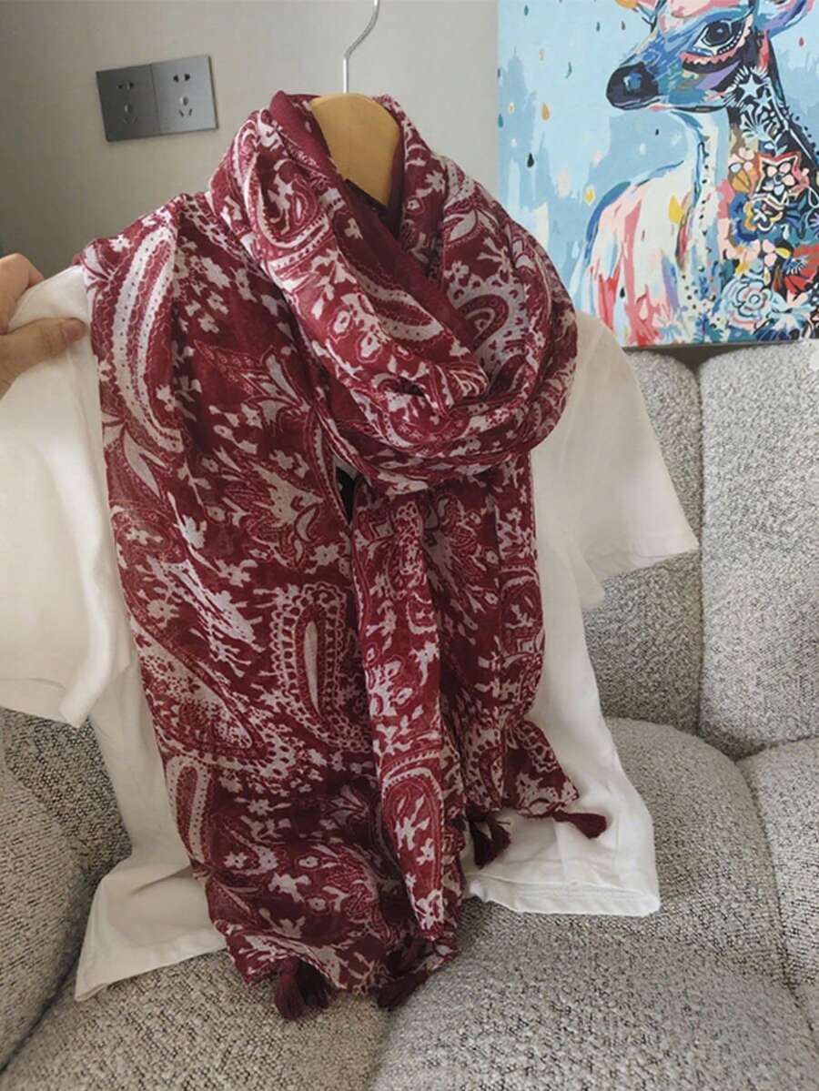 Women's Lightweight Scarf, Spring/Summer Bohemian Style Red Cashew Bali Chiffon Tassel Shawl,Beach,Holiday - Multicolor - View 1