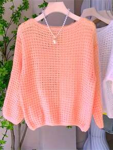 Blusa holgada y casual de punto con diseño hueco y unicolor para mujer en verano - Naranja - Ver 4