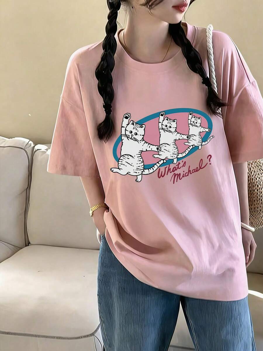 女款寬鬆版型圓領短袖字母與貓咪印花T恤,春夏季粉色休閒款 - 粉色 - 查看 1