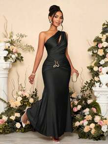 Women's Solid Color Hollow Asymmetric Neck Metal Decorated Bodycon Dress Long Maxi Women Outfit - Màu xanh ngọc - Xem 9