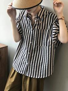 女款條紋半泡泡袖鈕扣領上衣，適合通勤、辦公室與街頭穿搭 - 杏色 - 查看 6