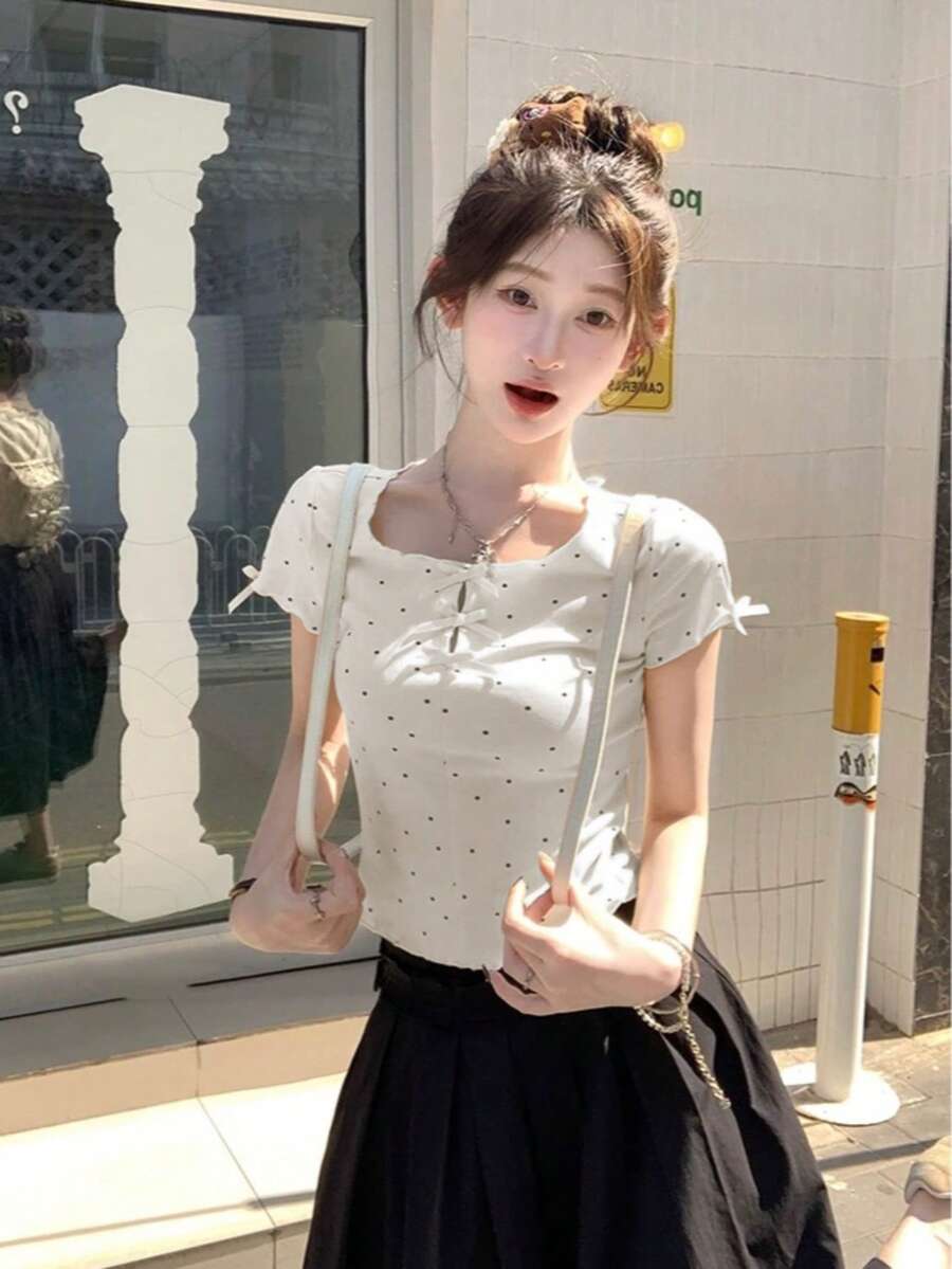 女士圆领镂空蝴蝶结波点短袖上衣,夏季青春活力白色 - 白色 - 查看 1