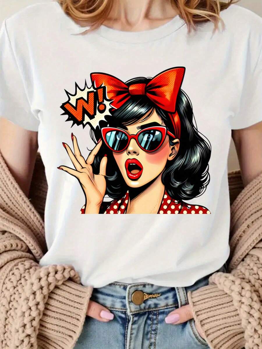 Camiseta con Estampado de Personajes Vintage, Top Casual de Manga Corta con Cuello Redondo, Adecuada para Primavera y Verano, Cómoda y Transpirable, Apta para Todas las Temporadas, Ropa de Mujer