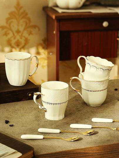 1 pièce Tasse en céramique européenne minimaliste avec anse, tasse blanche de luxe avec dorure à chaud, tasse multifonctionnelle pour l'eau/le jus/le café/le thé pour la maison et le bureau, tasse cadeau pour les amis et la famille