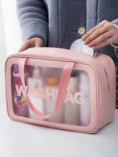 Stylish Letter Print Toiletry Bag, Portable Waterproof Travel Makeup Bag, Toiletry Bag, Makeup Bag, Storage Bag, Women's School Supplies, University Dormitory Essentials, Student Cruise Essentials, Beach Bag, Beach Essentials, Beach Towel Storage, Beach Accessories, Beach Products, Vacation Bag, Summer Vacation Essentials, Back-To-School Supplies