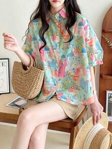[Bestseller de primavera/verano] Camisa de mujer de manga corta con estampado de castillo colorido, diseño de solapa holgada, transpirable y cómoda, adecuada para uso diario y vacaciones, múltiples opciones de combinación - verde menta - Ver 4
