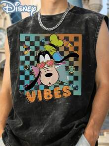Disney Goofy 80s Vibes Officially Licensed Men's Sleeveless Graphic Tee, 100% Cotton 230g Washed Vintage Streetwear Shirt - 黑色 - 查看 2