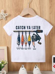 Baby Boy Short Sleeved Loose Round Neck T-Shirt With Huk "Catch Ya Later" Fishing Lure  Printed Pattern Suitable For Summer Wear - White - View 2