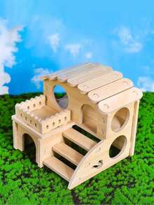 1 Ngôi nhà gỗ nhỏ cho chuột hamster, Biệt thự hai tầng hình gấu vàng, Đồ chơi bằng gỗ cho chuột hamster, Tổ ấm chơi đùa đa năng cho thú cưng nhỏ - Màu be - Xem 14