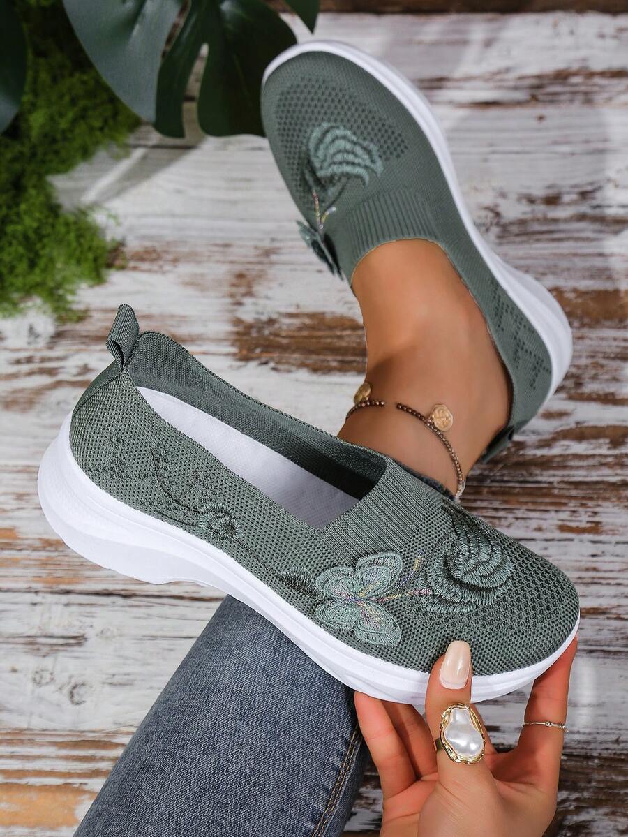 Women's Summer Ballet Flats, Chinese Style Embroidered Knit Mesh Mom Shoes, Elegant Women's Flat Shoes