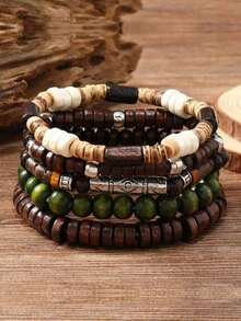 5pcs/Set Unisex Wooden Beaded Bracelets, Fashionable Jewelry Gift Set - Multicolor - View 3