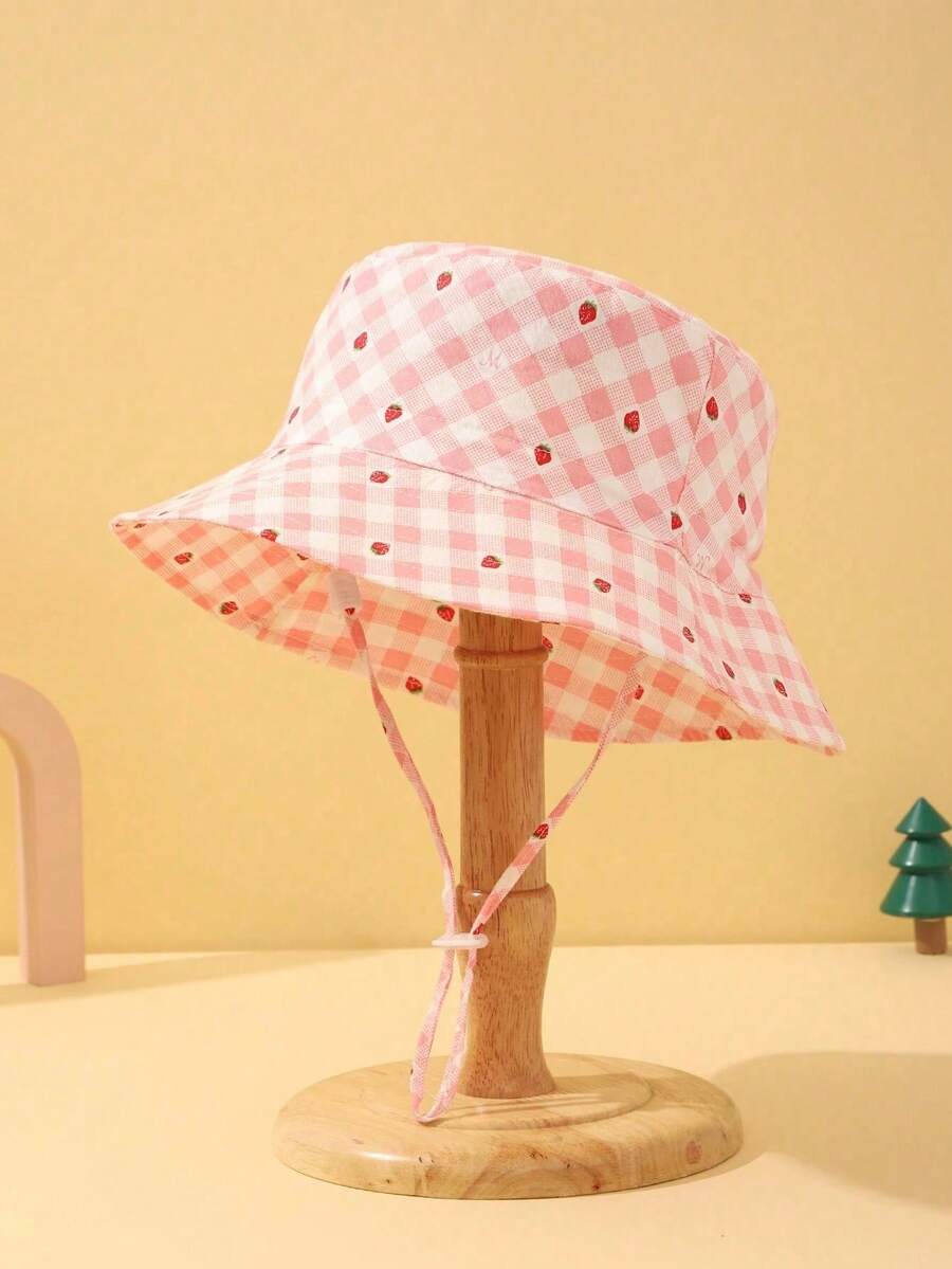 1pc Baby Sun Hat With Plaid & Strawberry Print Pattern, Suitable For Outdoor Hiking And Beach Activities - Pink - View 1