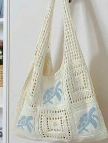 Borsa a spalla in jacquard floreale traforato, texture intrecciata premium traspirante, dettagli in uncinetto fatti a mano raffinati. Perfetta per studentesse, giovani donne casual e amanti delle vacanze. Ideale per vacanze al mare, viaggi costieri, shopping quotidiano, passeggiate casual e attività all'aperto - Blu - Visualizzare 4