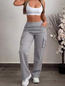 Women's Casual Solid Color Straight Leg Pants With Pockets, Versatile For Daily Wear, Spring/Autumn/Winter - Grey - View 3