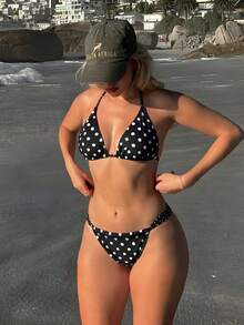 Dambikiniset med retroprickigt tryck och knytband framtill, sommar och strand, semesterstil - Svart och Vitt - Visa 2