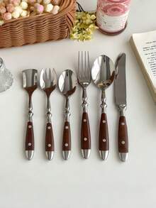 1pc Walnut Wood 2-Piece Cutlery Set, Stainless Steel Flatware Including Main Knife, Fork, Spoon, Salad Fork, Tea Spoon, Ice Cream Spoon, Luxurious High-End Practical Tableware For Home & Restaurant - View 3