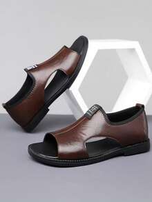 Men's Solid Color Basic Faux Leather Slip-On Beach Sandals, Summer - Brown - View 2