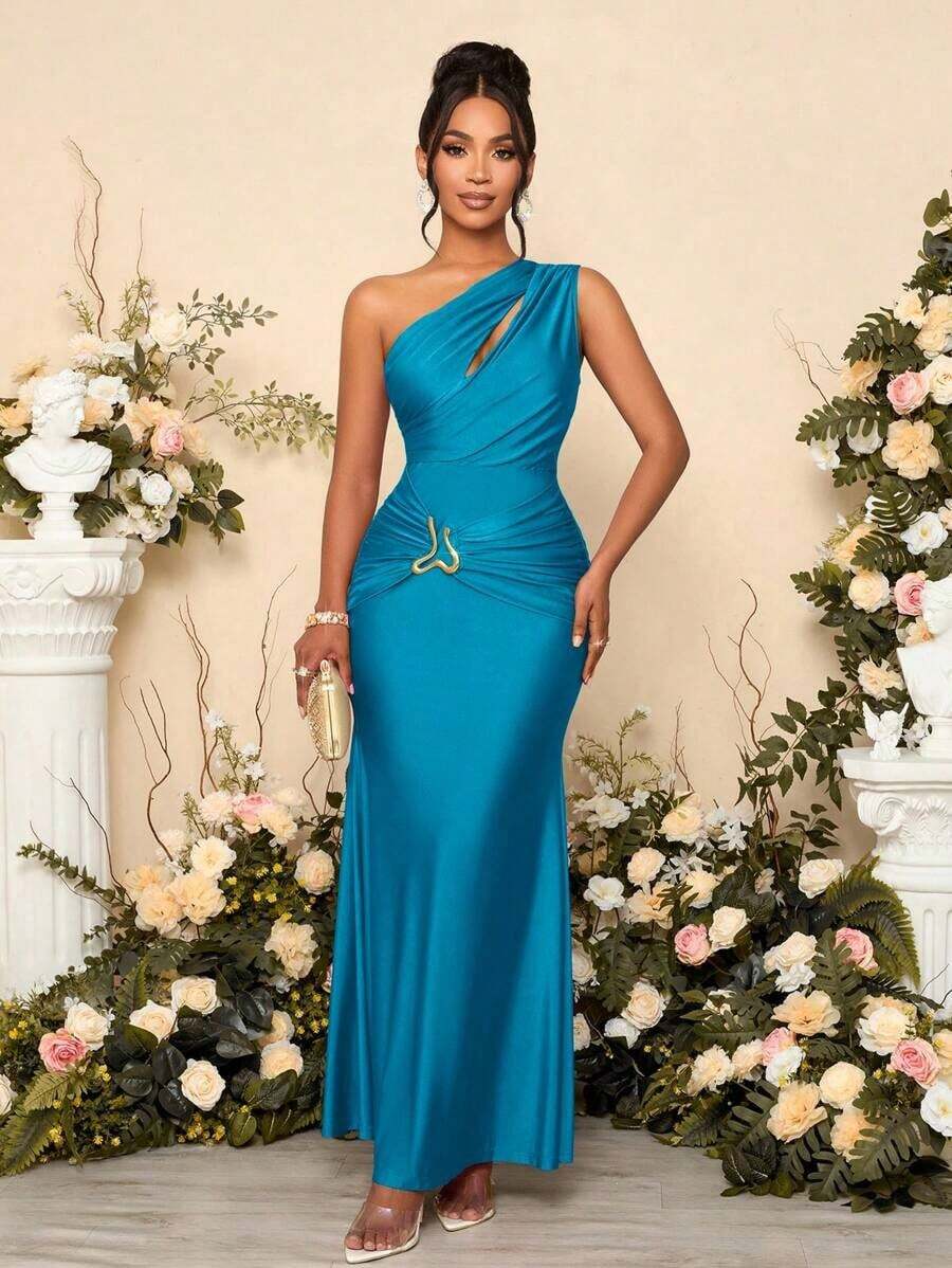 Women's Solid Color Hollow Asymmetric Neck Metal Decorated Bodycon Dress Long Maxi Women Outfit - Màu xanh ngọc - Xem 1