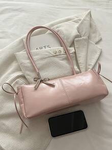 New Retro Fashion Square Bag, Zipper Opening, Belt Bow Decor, (Comes With Pendant), Lightweight Minimalist, Solid Color Soft Leather Dual Handle Shoulder Bag, Suitable For Women's Daily Life, Commuting, Work, Vacation And Student Use - Baby Pink - View 4