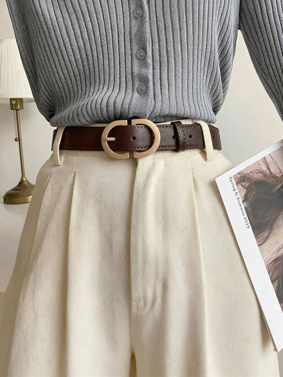 1pc Women's Retro Fashion Denim Belt, Gold Buckle, Suitable For Commuting Outfit And Daily Wear - Coffee Brown - View 1