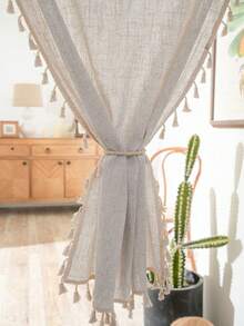 2pcs Linen Tassel Solid Color Retro Curtain, Rod Pocket Design, Suitable For Living Room And Bedroom - Sheer And Filtering Curtain (Tie Backs Not Included) - Multicolor - View 2