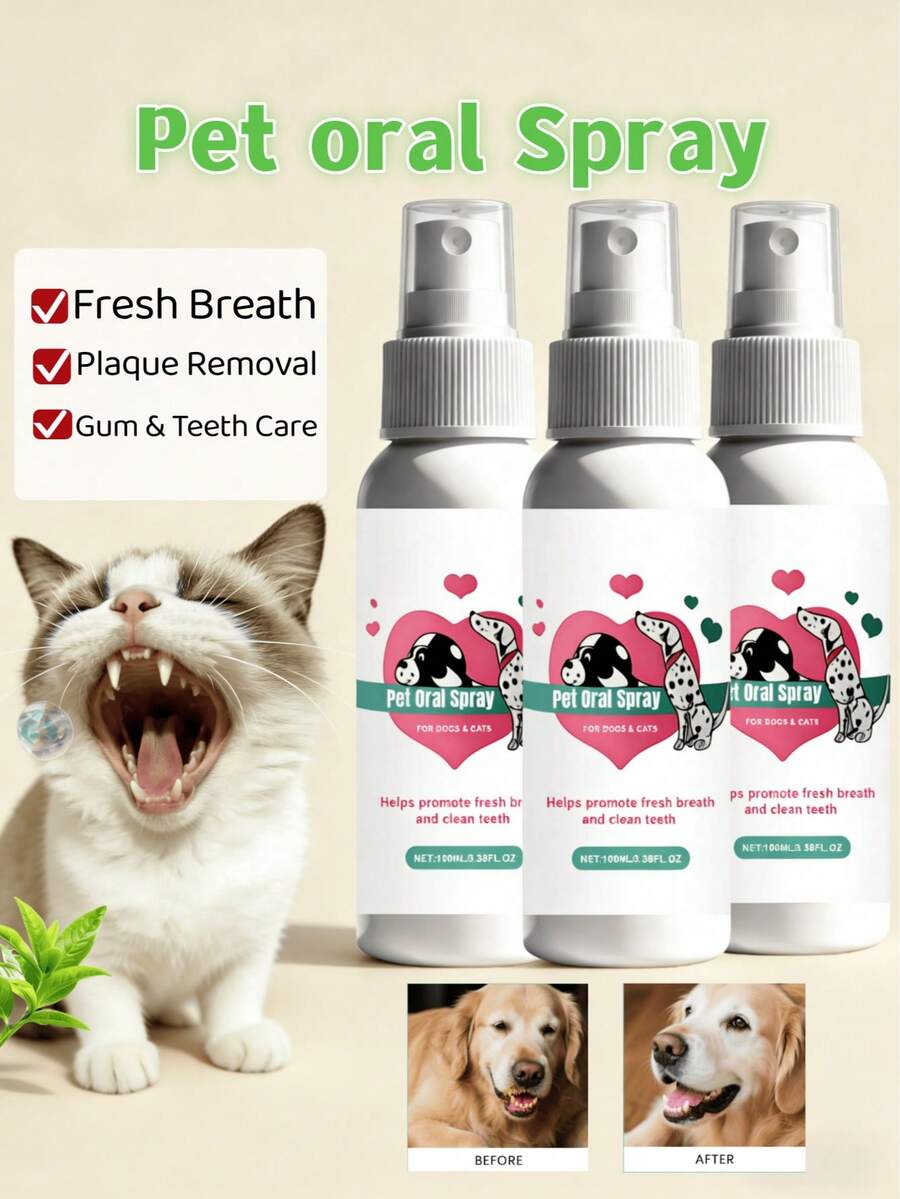 Xịt miệng cho thú cưng, xịt làm sạch răng cho mèo và chó, làm thơm hơi thở, làm sạch mảng bám, bảo vệ nướu và răng, loại bỏ cao răng và khử mùi hôi miệng, chăm sóc răng miệng cho thú cưng.