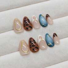 Press On Medium Almond Brown Leopard French Tip Glue With 3D Gold Star Charms Full Cover False Blue White Gradient Stick On Nails - 24pcs - 預設 - 查看 3