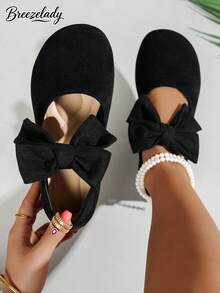 Breezelady Women's Black Suede Mary Janes With Bow - Perfect For Work & Beyond! Featuring Smooth Suede And A Refined Bow, These Flats Bring Elegance To Your Workwear. The Flat Heel Provides Comfort For Long Office Hours, And They Also Work For After - Work Plans. Great For US Professional Women Seeking Stylish Yet Practical Footwear. - Black - View 4
