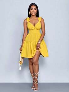 Women's Spring Summer Fashion Solid Color Loose Casual Back Cut-Out Loose Short Dress,Vacation, Music Festival, Back To School,Romance,Party Outfit - 黑色 - 查看 9