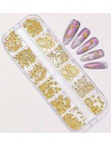 12-Grids Nail Beads With 1Pc Magnet Picker Tool 3D 12Grids Gold Silver Caviar Beads Metal Nail Charms Gems Mixed-Sizes Gold Silver Steel Balls Nail Art Design Decoration Manicure Diy Supplies Metal Charm Mini Caviar Nail Beads Crystal Decoration Nails - 黃金2 - 查看 6
