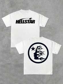 1Pcs Y2K Swag Star And Flame Men's 220G Casual T Shirt Streetwear Style 100% Cotton Men Clothes  Double Sided Graphic Printed T Shirt Burning Head Silhouette Tee.Summer EIAI - 白色 - 查看 1