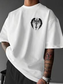 2026 Vintage Gothic Winged Cross Men's T-Shirt - Young And , Round Neck Drop Shoulder Y2K Homme Summer Oversized Solid Color T-Shirt - White - View 3