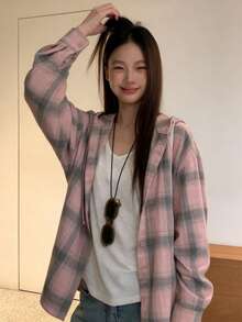 A Pink Hooded Plaid Shirt Paired With A Loose-Fitting, Versatile Long-Sleeved Jacket. - Pink - View 4