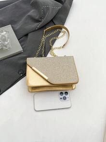经典百搭纯金色PU防水面料单肩包，闪亮小方包，压纹设计，金属链钱包，豆腐形方包，通勤包，适合旅行、购物、节日、聚会等各种场合。 - 金色 - 查看 7
