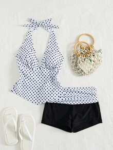 Maiô Feminino, Elegante e Sexy Estampa de Bolinhas Vermelhas com Alças Acolchoadas e Shorts, Adequado para Férias, Praia, Natação, Esportes, Adequado para Outono/Inverno e Primavera/Verão (SS26) Branco - Branco - Visão 5