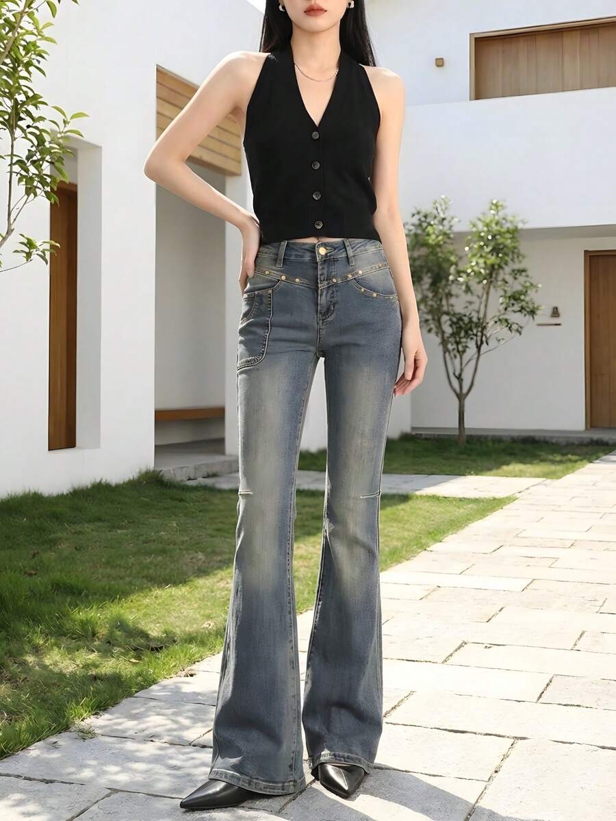 Jeans acampanados con diseño de remaches para mujer, estilo americano, súper estilizador, para primavera - Neblina azul - Ver 1