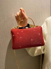 Fashionable Luxury Rhinestone Embellished Square Box Clutch Handbag, Party Evening Bag, Gift For Date - Red - View 8