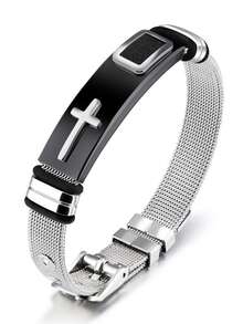 Vòng tay lưới thép không gỉ với thiết kế thánh giá vàng, có sẵn phiên bản dây lưới và dây silicon, vòng tay trang sức thời trang dành cho nam giới. - Bạc - Xem 2