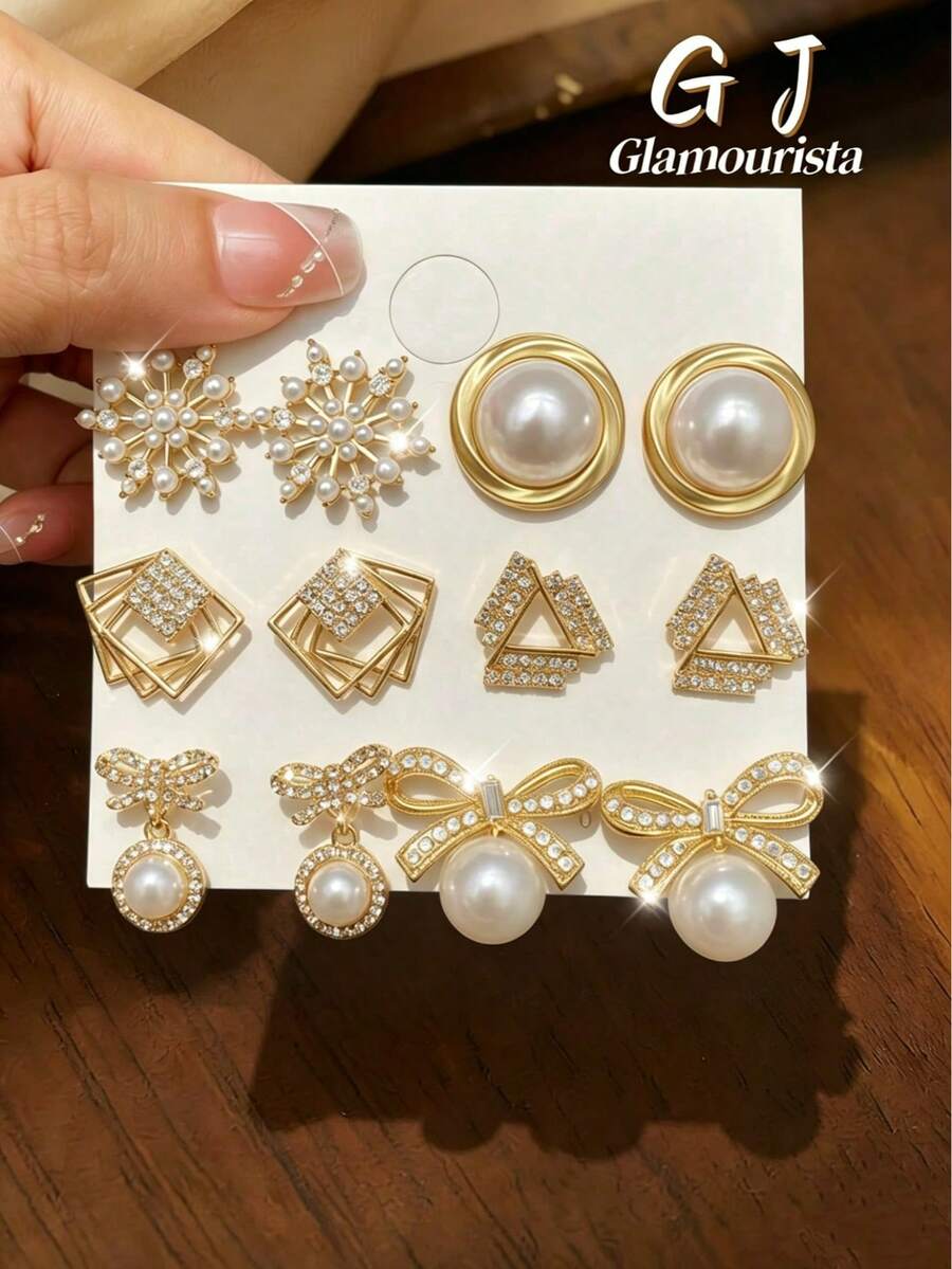 6 Pairs Rhinestone & Faux Pearl French Style Luxury Bohemian Earrings Set, Elegant Unique Earrings Suitable For Daily Wear And Festivals - Gold - View 1