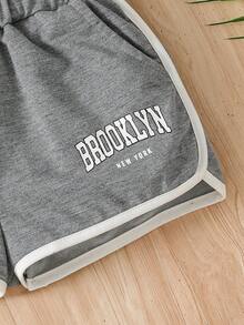 少女3件套 梅紅色 Brooklyn 字母細肩帶背心 + 透視網紗上衣 + 短褲套裝，針織彈性面料，字母圖案，適合戶外，女孩夏季禮物，度假穿搭，女孩夏季服飾，返校季 - 灰色 - 查看 7