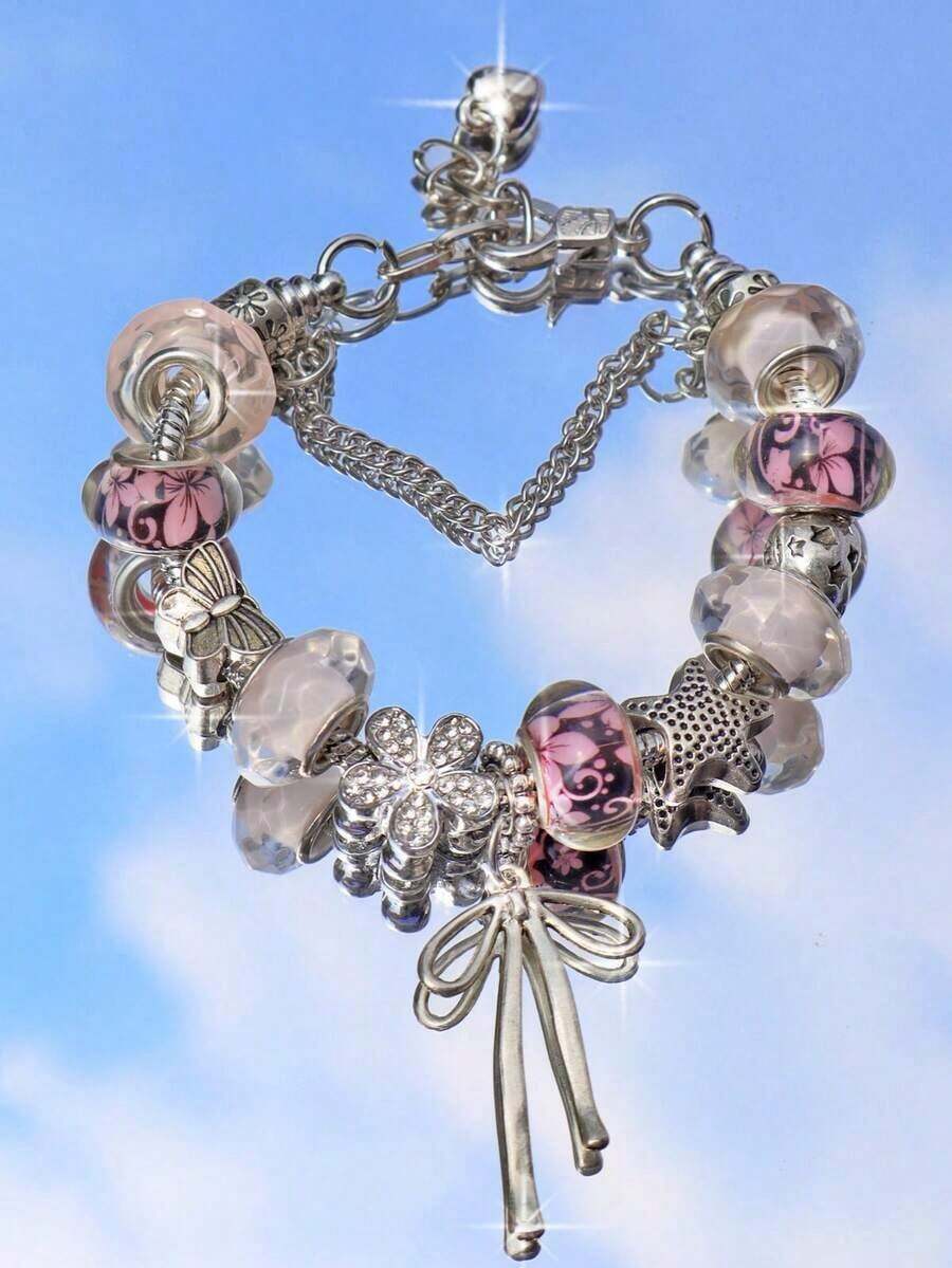1pc Pink Cherry Blossom Charm Bracelet, Cute Ribbon Bracelet, Vintage Floral Bracelet, Butterfly & Starfish Bracelet - 銀色 - 查看 1