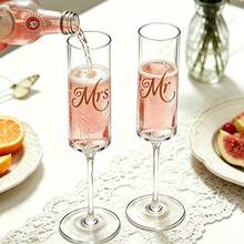 2pcs Mr & Mrs Wedding Champagne Glasses, Elegant Gold Foil Glass Flutes, Romantic Gift For Bridal Shower, Wedding, Anniversary, Valentine's Day, Housewarming, New Year Celebration - View 7