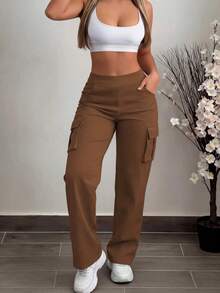 Women's Casual Plain Color Utility Pocket Pants, Versatile For Daily Wear, Spring/Autumn/Winter - Maroon - View 3