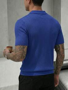GRDR Men's Summer Airplane Collar Ribbed Solid Color Short Sleeve Knit Sweater, Suitable For Summer Outings, Essential For Fashionable Styling - Royal Blue - View 8