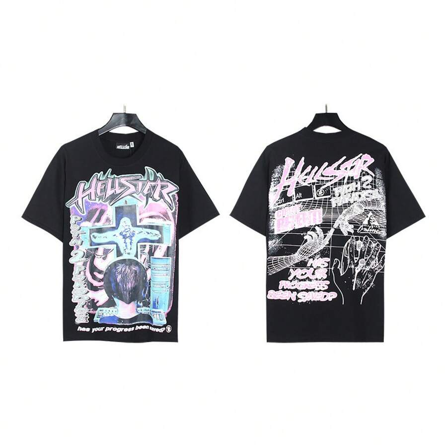 HellST Vintage Streetwear T-Shirt, 100 Percent Cotton Casual Loose Top, Unisex Couple Matching Tee - A772黑色 - 查看 1